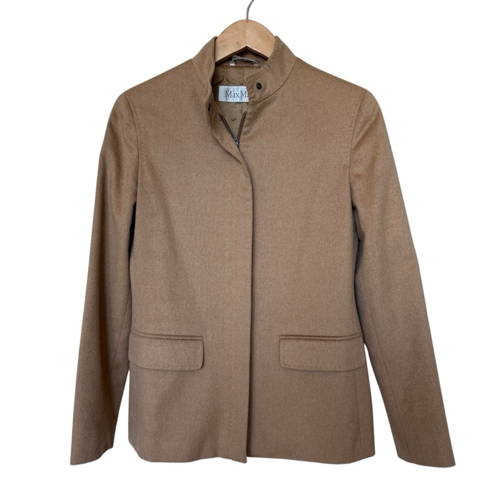 MAXMARA Women's Beige Camel Wool Full Zip Jacket Size 4 Italian Front Pockets